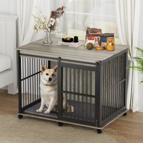 Furniture dog crate sliding iron door dog crate with mat. (Rustic Brown,43.7''W x 30''D x 33.7''H). - Grey