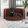 35" Brown Pet Sofa with Wooden Structure and Linen Goods White Roller Lines on the Edges Curved Appearance pet Sofa with Cushion - as Pic