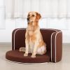 35" Brown Pet Sofa with Wooden Structure and Linen Goods White Roller Lines on the Edges Curved Appearance pet Sofa with Cushion - as Pic