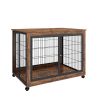 Furniture Style Dog Crate Side Table on Wheels with Double Doors and Lift Top - Rustic Brown