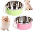 Crate Dog Bowl; Removable Stainless Steel Hanging Pet Cage Bowl Food & Water Feeder Coop Cup for Cat; Puppy; Birds; Rats; Guinea Pigs - pink